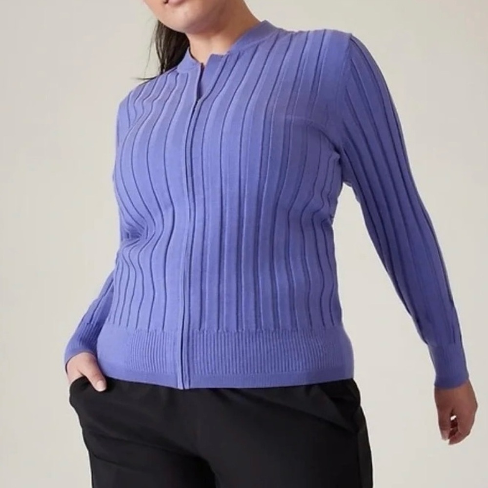 Athleta Fairway Golf Sweater Size 2X Adonis Blue Full Zip Ribbed Stretchy Cozy